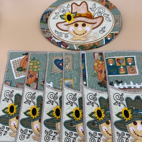 Rustic scarecrow fall Thanksgiving centerpiece hot pad with six utensil holders - Picture 3 of 9